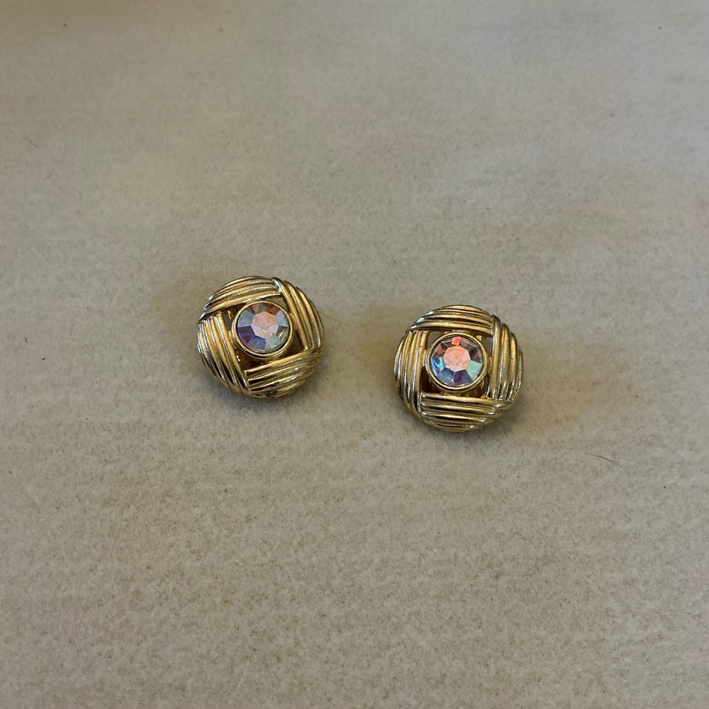 Gold Tone Round clip on Earrings with Iridescent Crystal